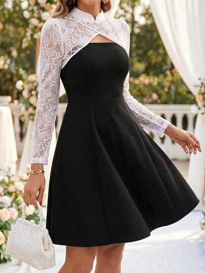 Amorya Vestido corto de mujer con cuello chino de encaje y parches, en negro y blanco