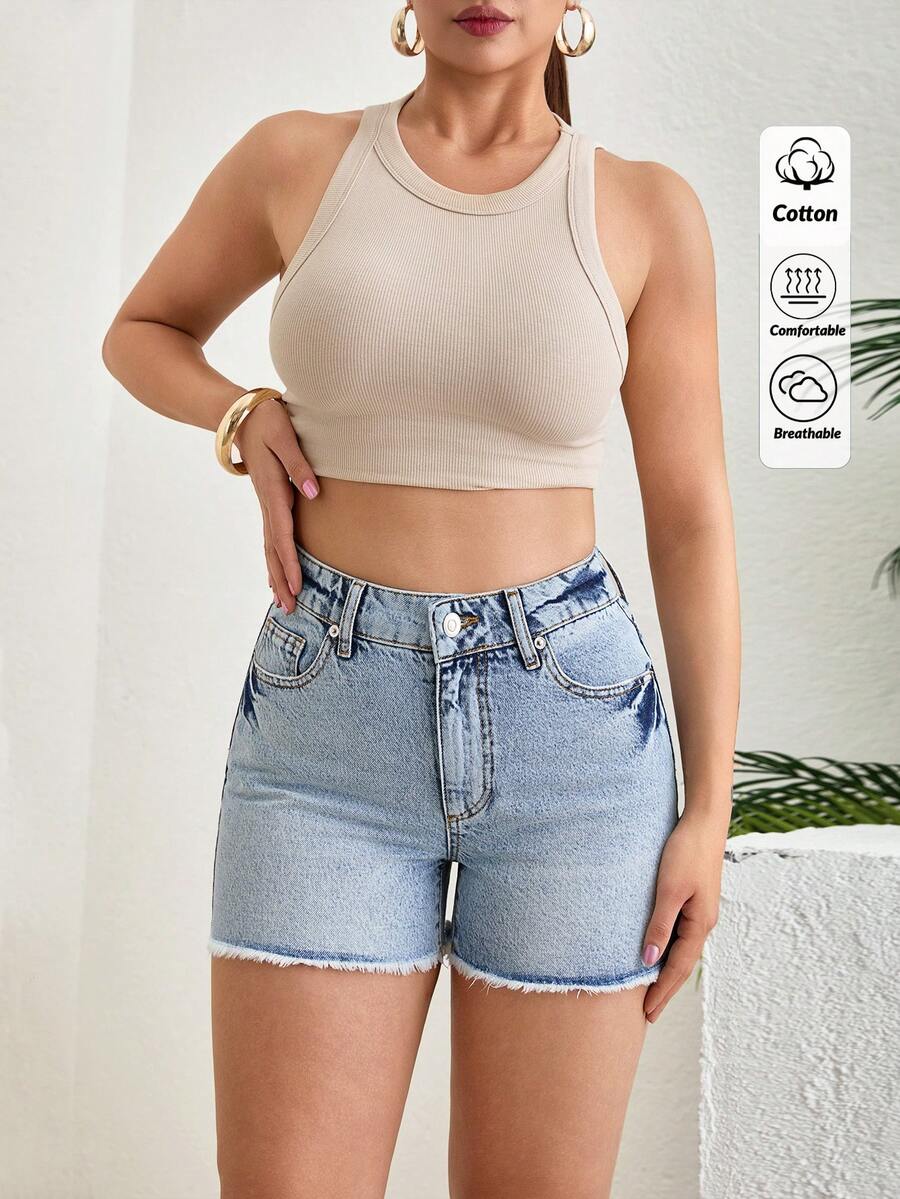 SHEIN 休闲水洗毛边牛仔短裤,夏季 - 淺色水洗藍 - 查看 1
