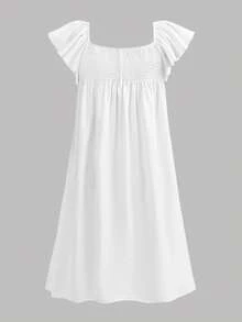 SHEIN Teen Girls Dresses Cute Flower Print Ruffle Hem Loose A-Line Casual Vacation Home Outdoor Back To School Dress, Spring/Summer - White - View 2