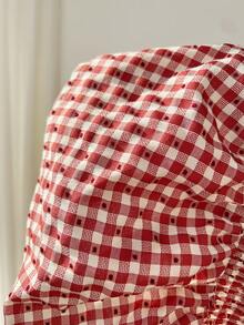 Elamini 女士红色格纹荷叶边袖V领纽扣松紧腰修身喇叭下摆衬衫，性感甜美欧式度假风 - 紅色 - 查看 3