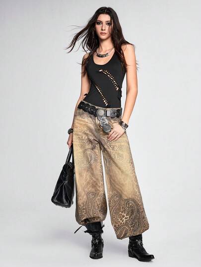 ROMWE Grunge Punk Quần jeans ống rộng cạp thấp in họa tiết da báo phong cách Bohemian cổ điển của Peris.