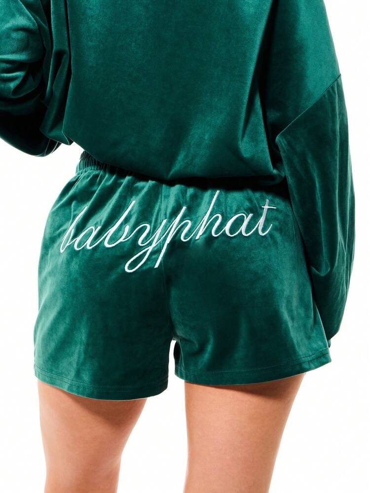 BABYPHAT Women's Luxurious Velour Pull-On Drawstring Shorts With Side Stripes And Logo Detail For Loungewear Comfort