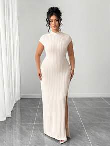 Elenzga 女士优雅短袖高领修身开衩连衣裙 - 杏色 - 查看 4