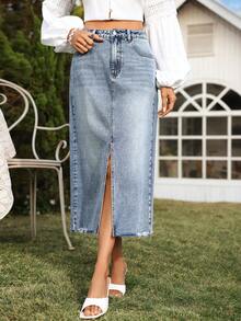 Breezaya 女士夏季度假开衩牛仔迷你裙 - 淺色水洗藍 - 查看 5