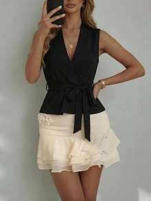 Glamine Top de mujer con tirantes de lazo sin mangas - Negro - Ver 1