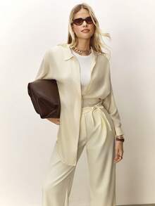Daynim High Waist Plicated Detail Wide Leg Pants - Cream - View 6