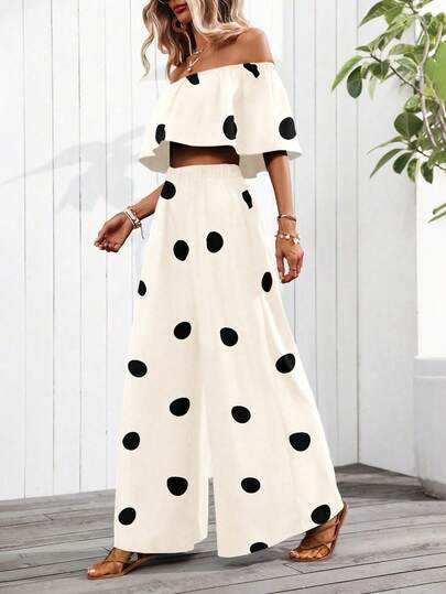 SHEIN Clasi Women's Romantic Beach Vacation Polka Dot Print Off Shoulder Batwing Sleeve Cropped Top And Wide Leg Pants Set, Spring/Summer