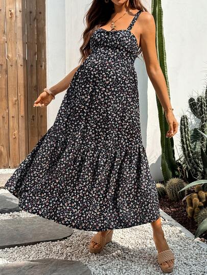 Boho Mama Maternity Vacation Ditsy Floral Front Tie Ruffle Hem Cami Dress