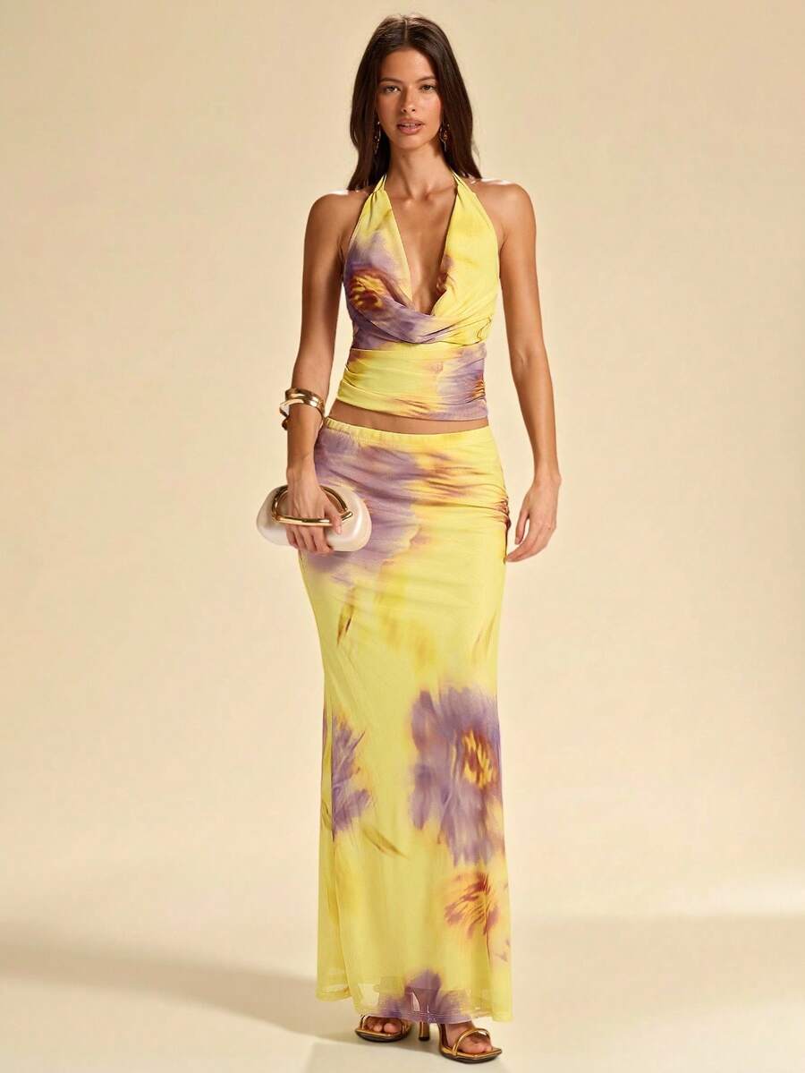 SHEIN BAE 女士印花垂领吊带背心和迷你裙两件套度假套装 - 黃色 - 查看 1