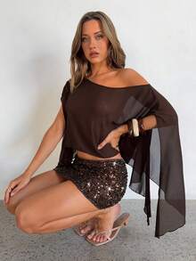 Aloruh 女士新款纯棕色两件套，不对称肩部上衣搭配迷你裙，夏季度假及音乐节波西米亚风穿搭 - 棕色 - 查看 8