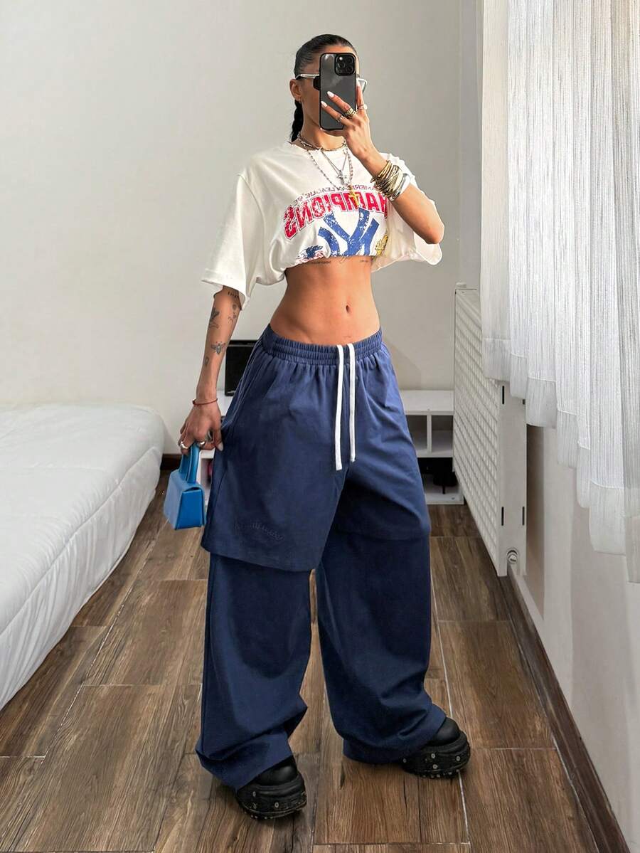 Muchica 女士休闲蓝色字母刺绣抽绳腰双层裤 - 藍色 - 查看 1