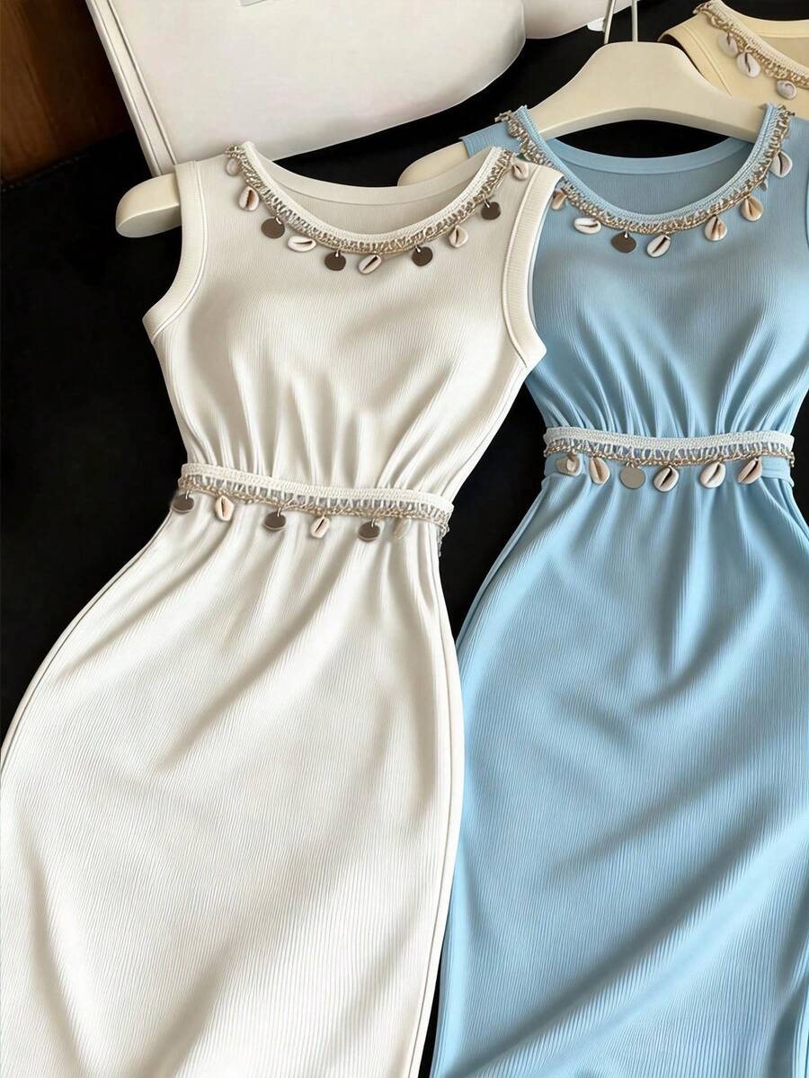 GlowEve 新款夏季贝壳流苏设计无袖女式连衣裙 - 白色 - 查看 1