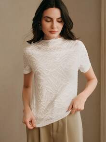 Anewsta 女士纹理圆领休闲短袖T恤 - 白色 - 查看 4