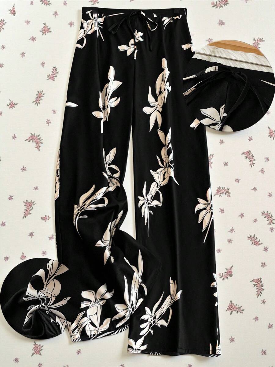 Elamini 女式花卉印花休闲宽松裤,度假风格 - 黑色 - 查看 1