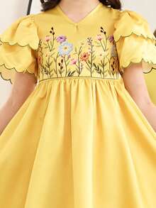 少女优雅V领印花荷叶袖A字连衣裙 - 黃色 - 查看 4