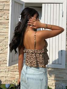 Serisse Women's Vacation Leopard Print Patchwork Ruffle Trim Camisole - Multicolor - View 2