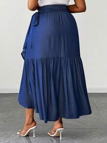 优雅百褶牛仔效果休闲半身裙，百搭设计，适合日常穿着，春夏秋冬皆宜，大码可选 - 藍色 - 查看 3