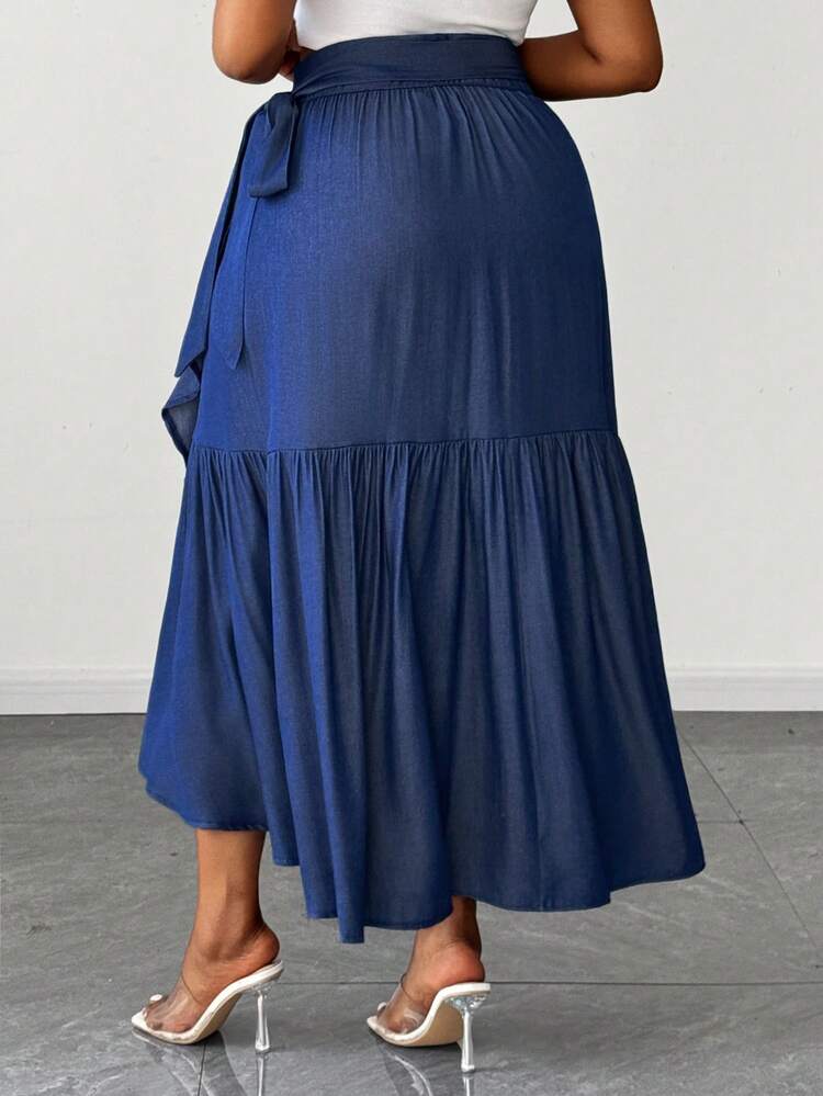 Maweii Spring, Summer, Autumn, Winter Tie-Wrapping Design, Faux Denim Pleated, Simple And Casual Style, Vacation And Commuting A-Line Fashion Design, Daily Wear Elegant And Small-Variety Design, Can Be Worn As Outerwear Or Innerwear, New Essential, Blue Temperament, Large Size, Lady's Ruffled Skirt Asymmetrical Skirt Blue Cover Up Skirt - Blue - View 3