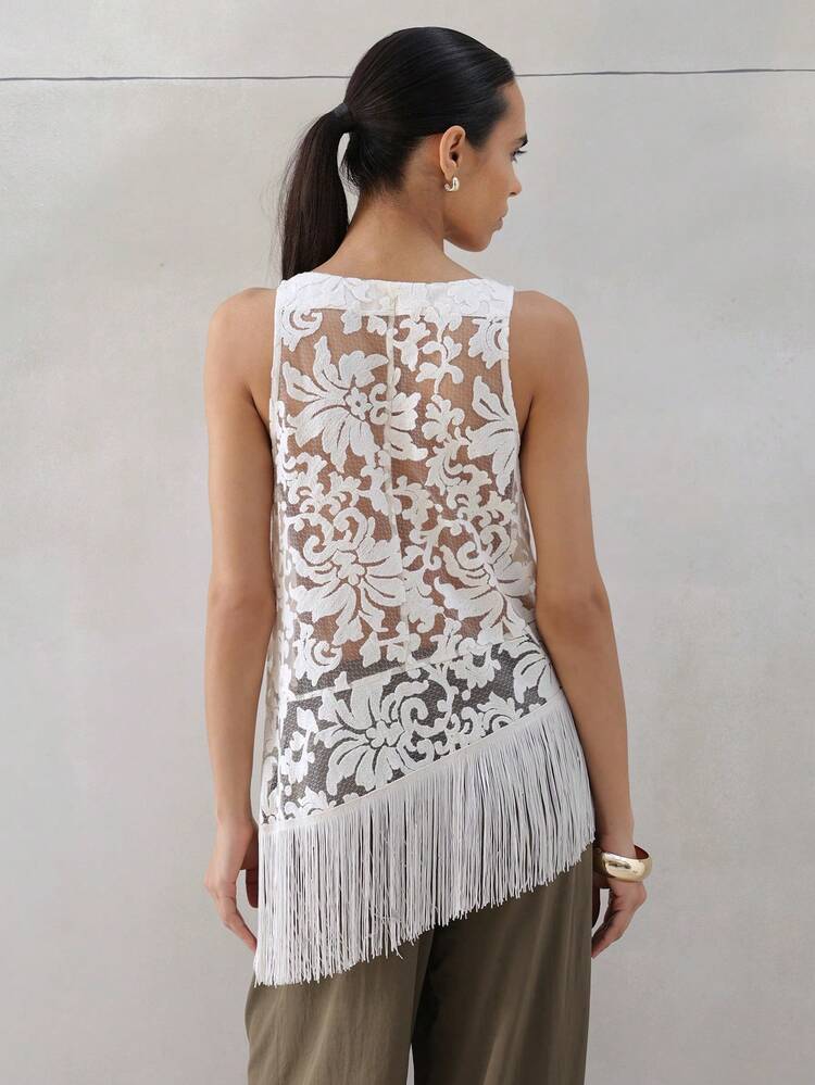 KSTM Women Sleeveless Cowl Neck Lace Top With Asymmetric Fringe Detail White Boho Chic Festival Elegant Party Blouse