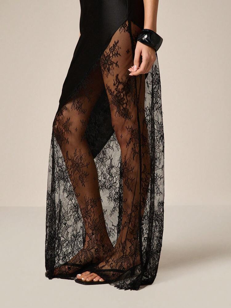 AiiRZ Elegante vestido de satén negro con cuello halter y espalda descubierta, con detalles de encaje, para ocasiones formales y eventos especiales