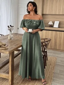 SHEIN LUNE Vestido elegante de fiesta con hombros descubiertos, volantes y decoración floral para mujer de talla grande - Verde militar - Ver 3