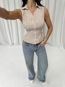 Firerie Women's New Apricot Striped Sleeveless Lapel Cardigan Blouse, Summer Apricot Striped Shirt, Lapel Shirt, Casual Commuter Women's Top, V-Neck Shirt, A-Line Waist Shirt Blouse, Casual Holiday Women's Top, Minimalist Striped Top, Teacher's Day Outfit, Spring Summer Autumn Clothing, Elegant, Commuter, Casual, Daily, Minimalist, Holiday, Work Outfit Vest Blouse Women Sleeveless Collared Top Striped Top Women Button Up Top Women - Multicolor - View 6