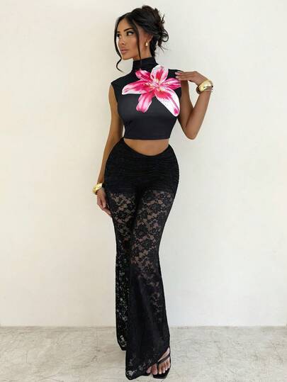 Sirith Women's Elegant Sexy Solid Color Lace Flare Pants