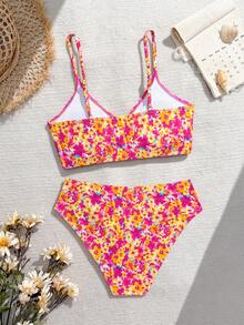 SHEIN 少女夏季海滩碎花吊带比基尼套装 - 彩色 - 查看 2