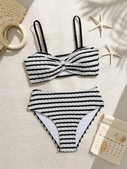 SHEIN 少女条纹吊带比基尼和三角泳裤泳装套装，时尚简约，适合海滩度假