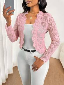 SHEIN Lady Women's Elegant Commuter Solid Color Lace Thin Jacket Lace Cardigan - Pink - View 4