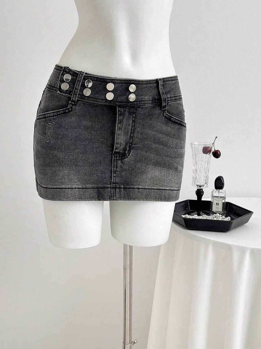 Elamini Women's Casual Low Waist Mini Denim Skirt, Summer - Grey - View 1