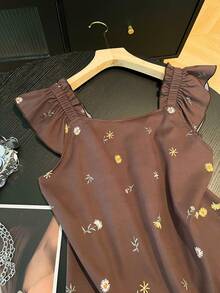 Women's Square Neck Cap Sleeve Ruffle Trim Casual Summer Top - Coffee Brown - View 4