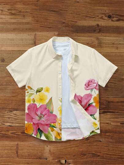 Manfinity Joysei Men's Slim Fit Floral Print Shirt, Suitable For Summer Vacation Wear