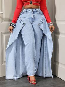 Slaydiva 女士时尚休闲牛仔裤，双腰带口袋和纽扣设计 - 藍色 - 查看 6