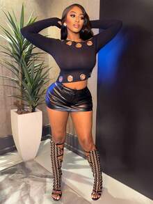 Chea Andrea 2025 New Arrive Minimalism Winter Women's Fashionable Commuter Asymmetrical Hollow Shoulder Long Sleeve T-Shirt, Black Grommet Top Winter New Year Look And Christmas - Black - View 3