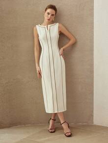 MOTF PREMIUM SLEEVELESS CONTRAST TRIM LINEN MIDI DRESS, CLASSIC ELEGANT FOR COMMUTING, SPRING/SUMMER - White - View 6