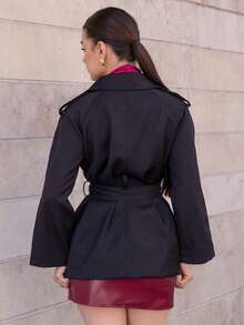 Andrea Bello 女士时尚优雅双排扣束带风衣法式风衣女装风衣秋冬女装风衣 - 黑色 - 查看 2