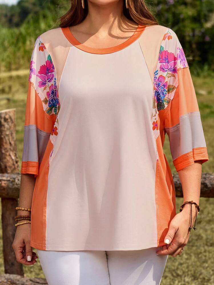 Plus Size Women's Summer Casual Vacation Country Floral Print Patchwork Contrast Color T-Shirt Top, Short Sleeve,Summer Outfits For Women ,Vacation Outfits Women ,Holiday Outfits For Women,Going Out Outfits,2026 New Clothes,Simple And Fashionable For Everyday Wear,Suitable For Summer, Vacation, Daily Wear, Festival Outfits For Women,Country Concert Outfit,Beach Outfits For Women,Western Style,Going Out Tops