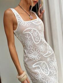 MainGRL White Floral Summer Boho Beach Holiday Knitted Jacquard Midi Dress For Women,Youthful Resort Look Island Getaway Outfit,Everyday Wear - White - View 5