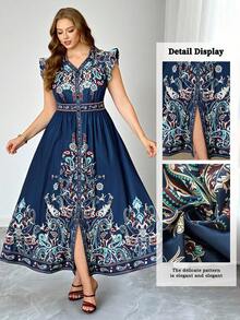 Roveilla 大码女士优雅新款夏季度假短袖连衣裙，波西米亚风格，宽松长款连衣裙，数码印花连衣裙，适合度假外套，衬衫领连衣裙 - 藏蓝色 - 查看 8