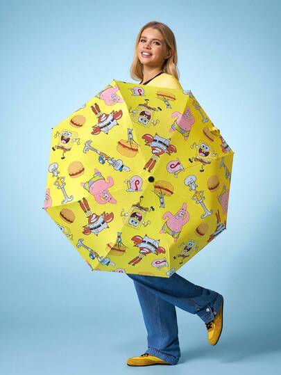 SpongeBob SquarePants | SHEIN מטריה אחת עם הדפס דמות מצוירת, ציפוי שחור של קרם הגנה, מדד הגנה מהשמש 50+, מתאים לבית הספר, לעבודה, ליציאה ולשימוש יומיומי, עוצב במיוחד עבור סטודנטים, תלמידי תיכון, גברים ונשים, חמוד