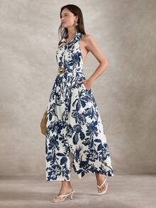 Briarwyn 女士度假休闲热带印花露背连衣裙 - 水藍色 - 查看 4