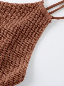 Olithes Áo len dệt kim hở lưng màu trơn không đối xứng đơn giản cho nữ - Cà phê nâu - Xem 3