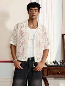 SWAVVY Men's Butterfly Pattern Hollow Button V-Neck Knit Sweater - White - View 4