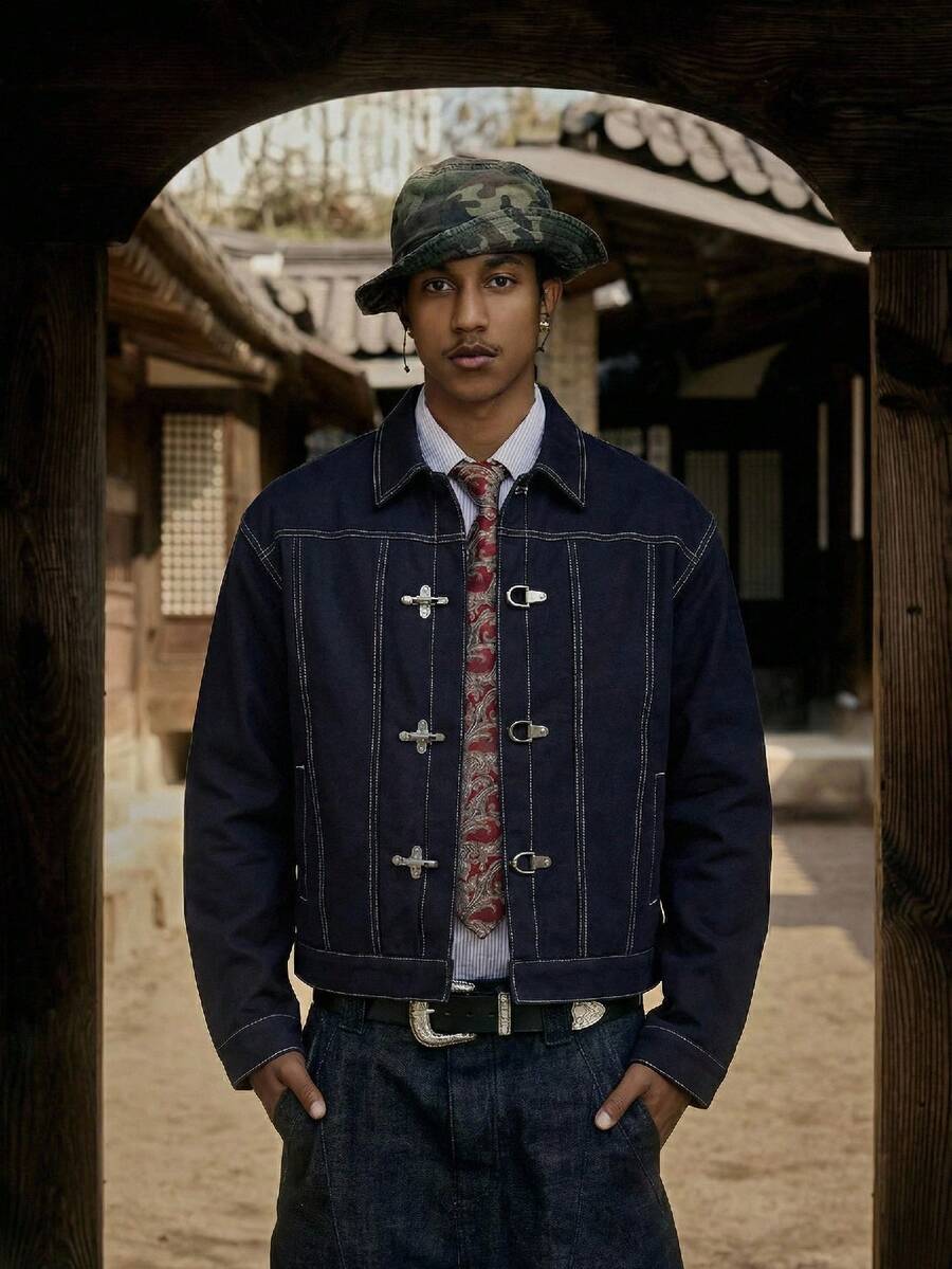 SWAVVY Men's Casual Contrast Stitch Cropped Jacket, Fashion Street Style For Daily Commute, Spring/Autumn Cowboy Jacket For Men Jackpot Rodeo Outfits For Men Men Vintage Clothes Jackets For Men Navy Blue Jacket