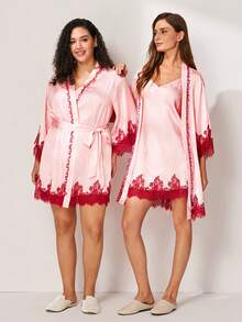 LUVLETTE 新娘奢华粉色缎面和服睡袍 - 优雅系腰睡裙，饰以红色蕾丝细节，新娘休闲服 - 粉色 - 查看 9