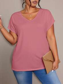 EMERY ROSE Plus Size Women's Summer Solid V-Neck Short Sleeve Casual T-Shirt V Neck Top Basic Top V Cut Top Solid Color Tops - Multicolor - View 3