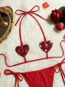Swim SXY Bộ bikini gợi cảm buộc dây cổ hình trái tim màu trơn dành cho nữ, thích hợp mặc đi biển mùa hè. - Đỏ - Xem 2