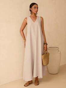 Vesra Apricot V-Neck A-Line Casual Vacation Dress For Women - Apricot - View 5