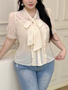 Vibekara Vintage French Elegant Romantic Lace Embroidered Bowknot Short Sleeve Blouse For Women - Apricot - View 3